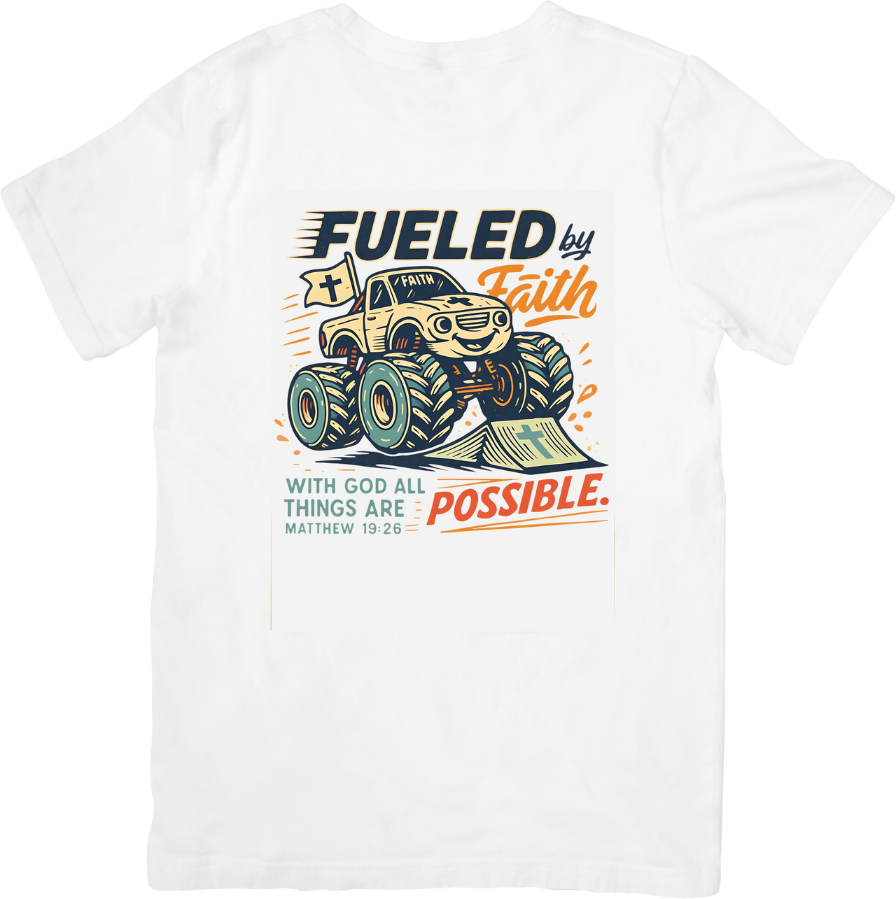 Fueled By Faith Monster Truck T-Shirt | Christian Retro With God All Things Are Possible Graphic Tee | Faith Gift