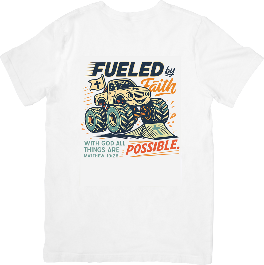 Fueled By Faith Monster Truck T-Shirt | Christian Retro With God All Things Are Possible Graphic Tee | Faith Gift