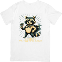 Thumbnail for Raccoon Superhero I'm Here You're Welcome T-Shirt | Funny Retro Animal Graphic Tee