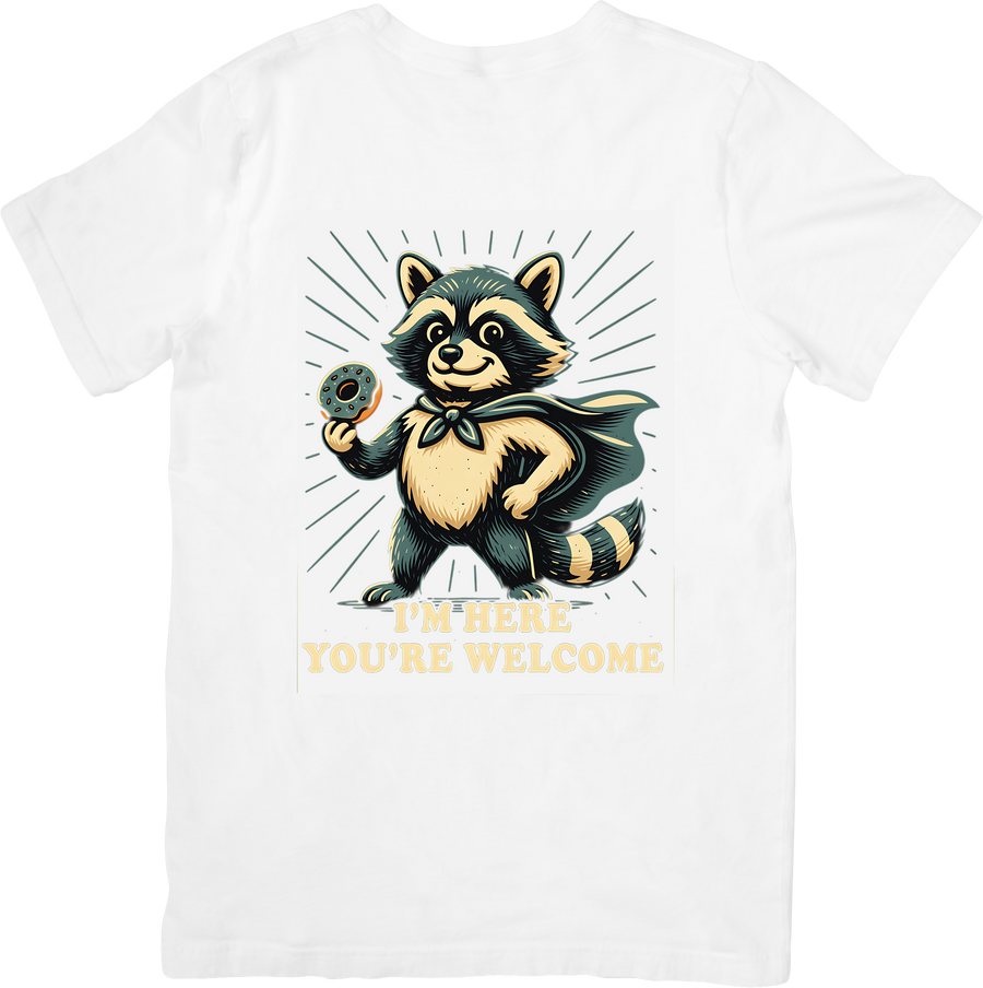 Raccoon Superhero I'm Here You're Welcome T-Shirt | Funny Retro Animal Graphic Tee