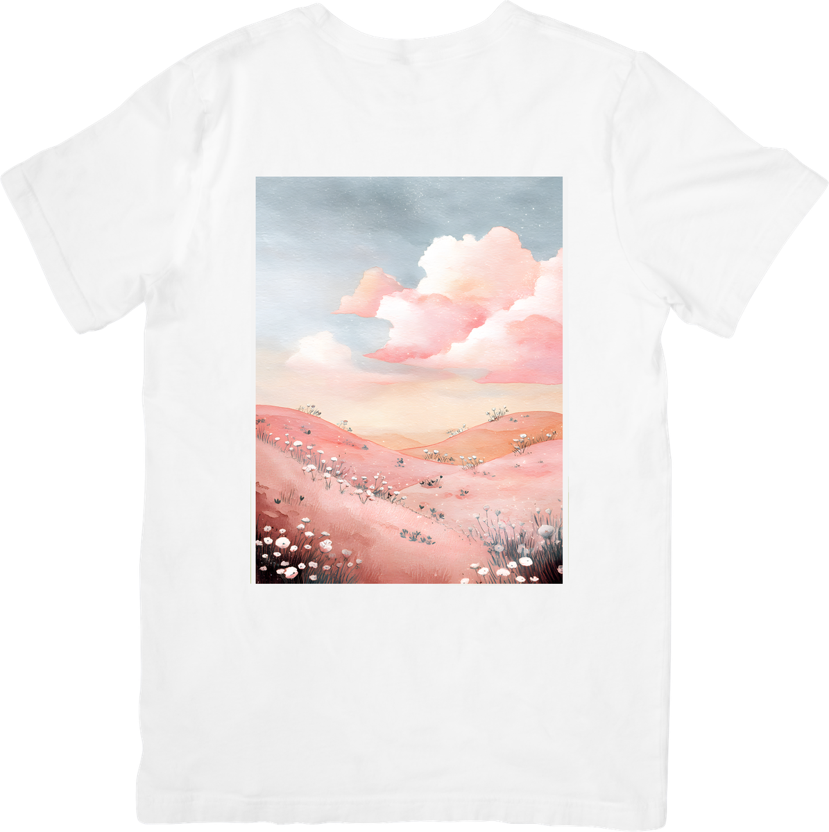 Pink Sunset Meadow T-Shirt | Dreamy Watercolor Landscape Graphic Tee | Nature Lover Gift