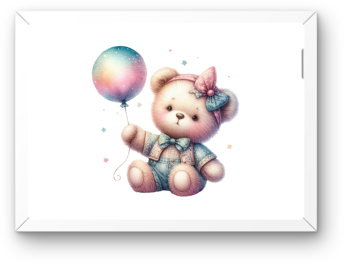 Pastel Teddy Bear Balloon Wall Art | Cute Watercolor Nursery Print | Baby Girl Gift