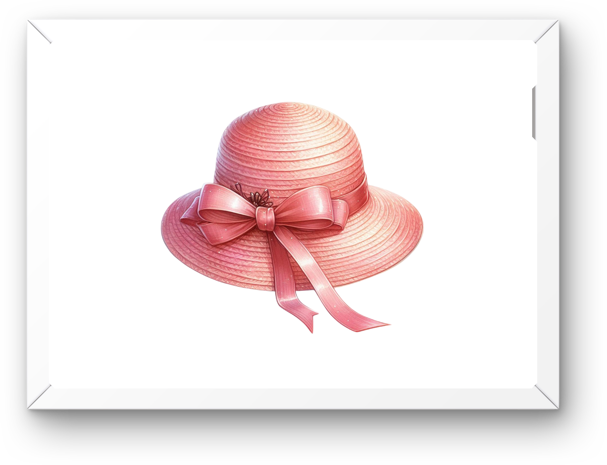 Pink Sun Hat Wall Art | Watercolor Ribbon Bow Bonnet Print | Feminine Decor Gift