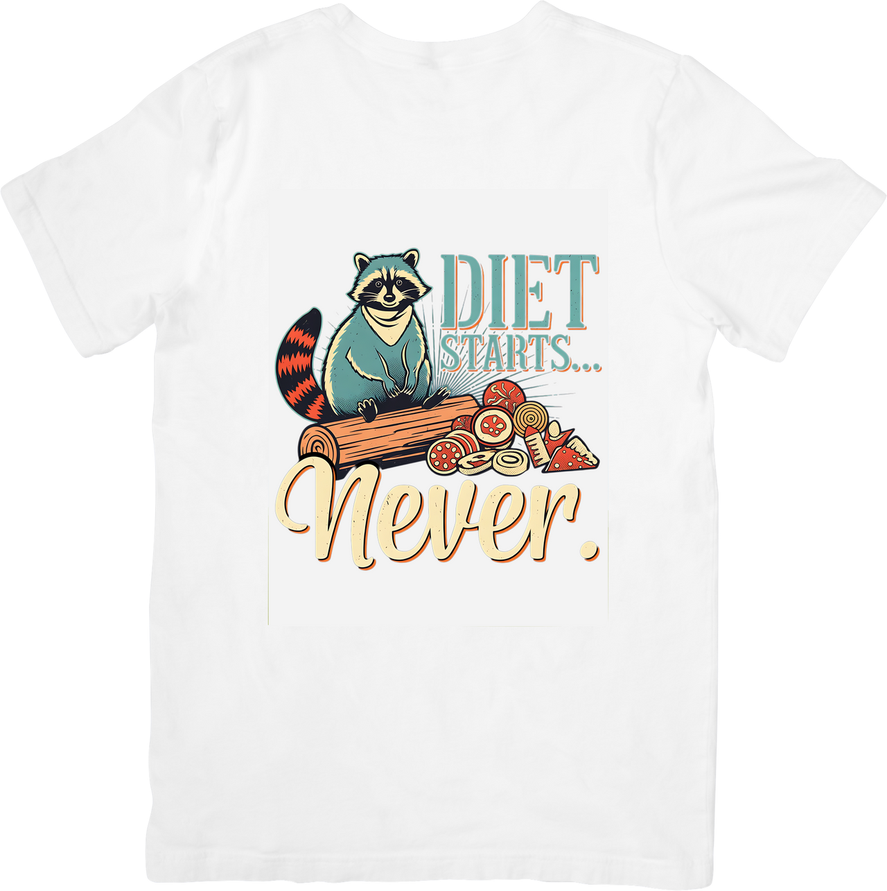 Diet Starts Never Raccoon T-Shirt | Funny Retro Foodie Graphic Tee | Junk Food Lover Gift