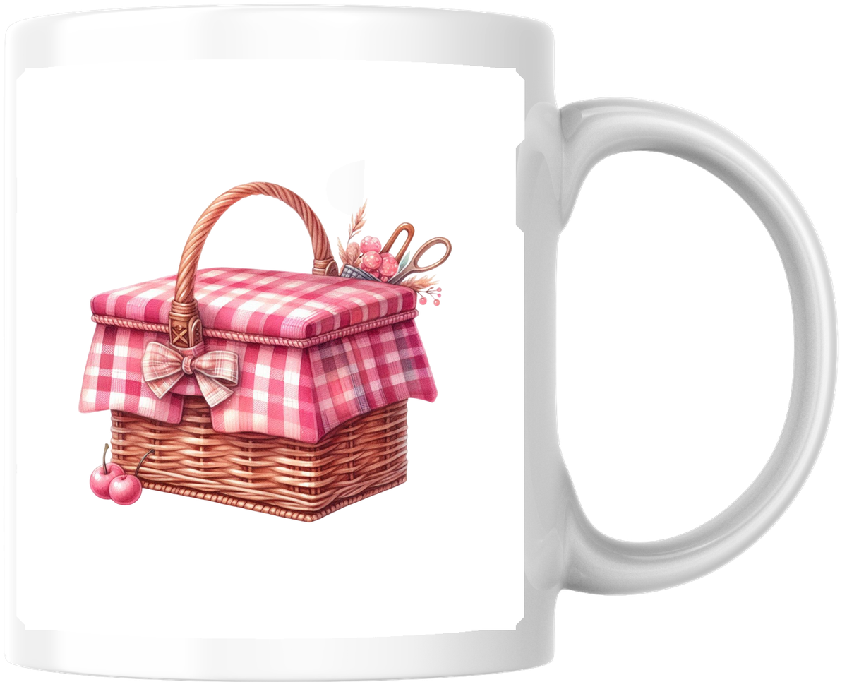 Pink Gingham Picnic Basket Mug | Cute Watercolor Spring Coffee Mug | Picnic Lover Gift