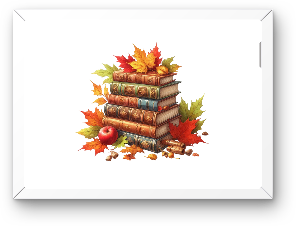 Autumn Book Stack Wall Art | Cozy Fall Maple Leaves Print | Reader Library Gift
