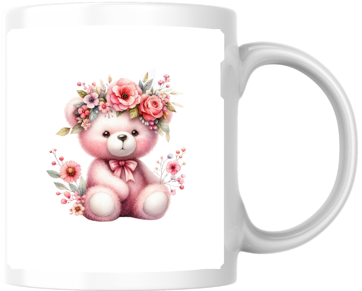Pink Floral Teddy Bear Mug | Cute Watercolor Flower Crown Coffee Mug | Cute Gift