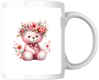 Thumbnail for Pink Floral Teddy Bear Mug | Cute Watercolor Flower Crown Coffee Mug | Cute Gift